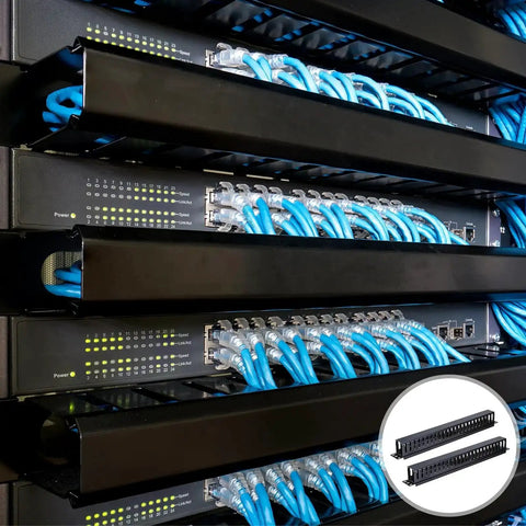 Network cables organized in a data center using Two Pack 1U 19 Inch Cable Manager For Network Cabinets, 24 Slot Horizontal Wire Organizer, Black.