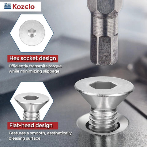 Flat Head Socket Cap Screws Set 25 Pieces Size 8-32 Half Inch Long Heavy Duty 18-8 Stainless Steel Countersunk Bolts in silver.