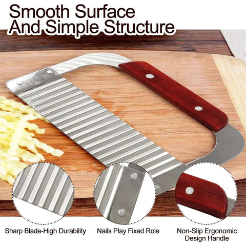 Stainless Steel Crinkle Cutter With Wooden Handle, Heavy Duty Wavy Blade Slicer for Potatoes, Carrots, and Veggies on a table