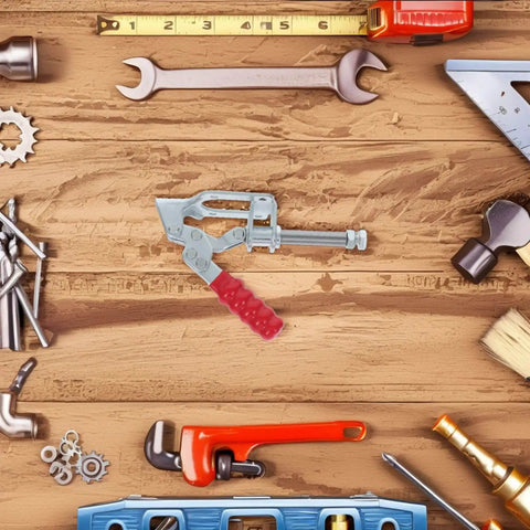 Heavy Duty Toggle Clamps 4 Pack Quick Release Push Pull Workholding Fixtures For Woodworking Carpentry And DIY Projects Horizontal Clamp Set For Fast Secure Fixture On Benchtop Portable And Easy To Use surrounded by carpentry tools on a wooden surface.