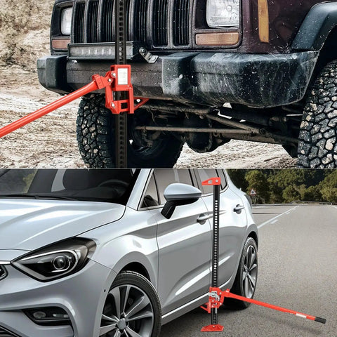 Universal 48 Inch Farm Jack Ratcheting 3 Ton Off Road Tool for Car Truck SUV with red finish in use on cars and trucks