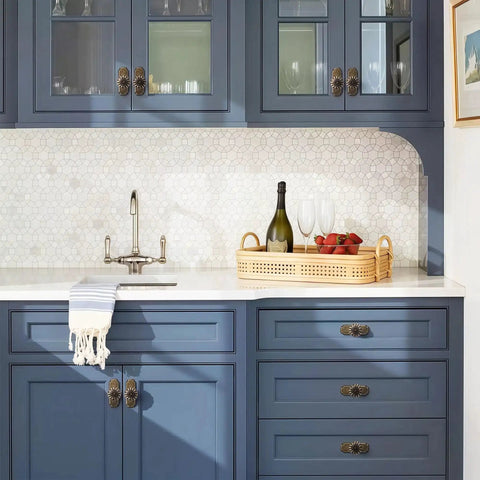 Blue kitchen cabinets with Vintage Antique Brass Cabinet Knobs With Backplates 8 Pack Drawer Pulls for Kitchen and Dresser Cabinets.