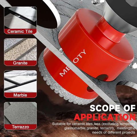 Pro Grade Diamond Hole Saw Drill Bit Set 15 Pc For Ceramic Glass Tile Marble Granite, shown with material samples