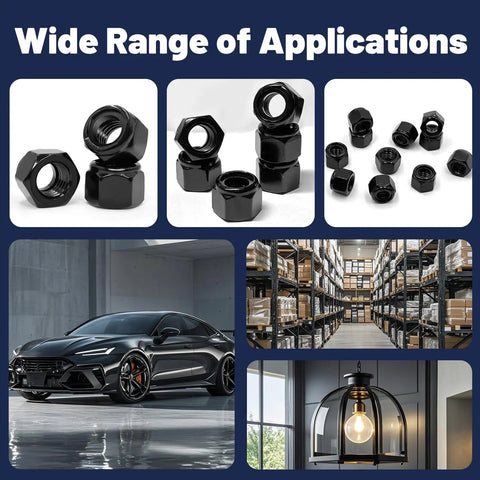 Quarter Inch Twenty Nylon Insert Lock Nuts 65 Pieces Black Oxide 304 Stainless Steel Nylock Nuts With Coarse Thread in DIY and automotive settings.