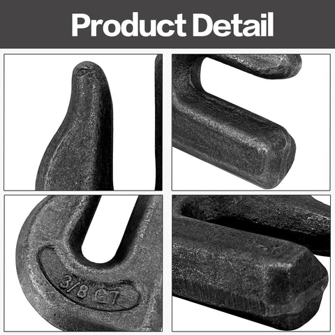 Close-up of Six Pack Three Eighths Inch Weld On Grab Hooks Heavy Duty G70 showing 3/8 inch marking and steel finish