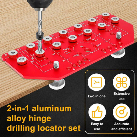 2 In 1 Shelf Pin And Hinge Jig With Self Contained Clamping For Concealed Cabinet Hardware Go To Precision Woodworking Drilling Positioning Tool Hinge Hole Template And Shelf Hole Locator For DIY Cabinet Making And Quick Install shown with drill bit and markings on wooden surface.