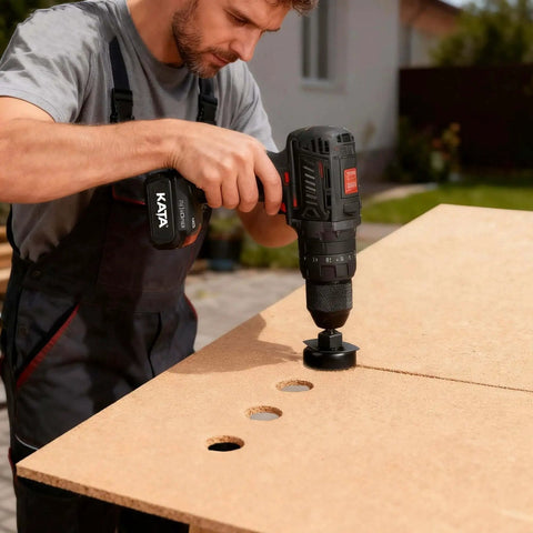 Man using Pro-Grade Hole Saw Kit With 20 Pieces From 3/4 Inch To 6 Inch Holes for wood drilling with precision teeth.