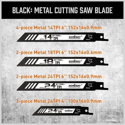 Metal cutting saw blades, 4 to 6 inches, 14 to 24 TPI, part of 40 Piece Reciprocating Saw Blade Set For Wood Metal PVC Pruning And Wet Wood Cuts With Storage Pouch Bi Metal High Speed Cr V Blades 3 To 24 TPI For Tough Jobs And Long Lasting Sharpness Pro Grade Quality Beast Mode Ready, black blades for metal use.