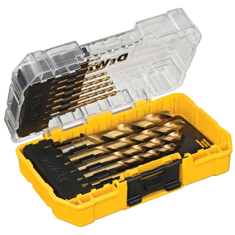 Titanium Nitride Coated 14 Piece Drill Bit Set For Wood Metal And Plastic With Connectable Storage System And Patented Bit Bar Design