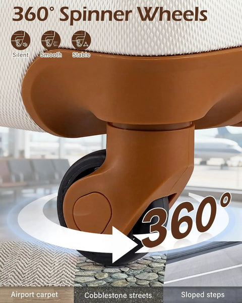 Close-up of 360° spinner wheel on Rugged Hardside Luggage Set For Easy Travel Beige Brown 6 Piece with ABS Plus PC Shell