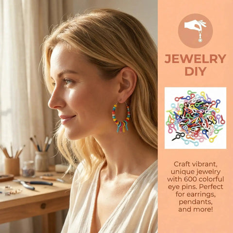 Woman wearing earrings made with 600 Piece Mixed Color Mini Screw Eye Pins For Jewelry Making And DIY Crafts, workspace background.