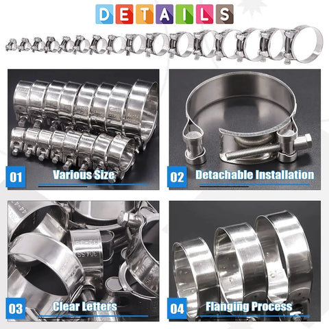 Heavy Duty 6 Pack 17-19mm T Bolt Hose Clamps Made From 304 Stainless Steel With Ear Clamp Design, adjustable set with wrench