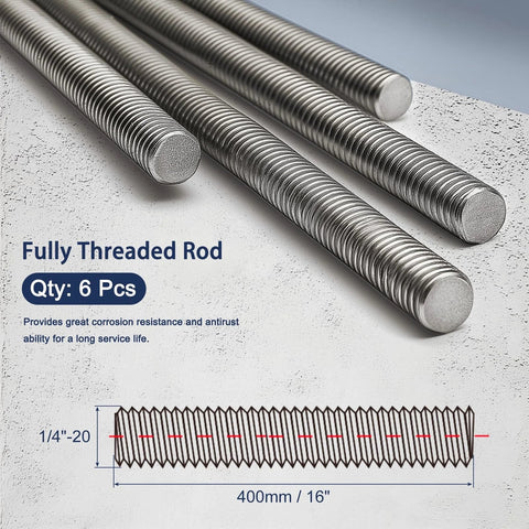 1/4-20 Stainless Steel Fully Threaded Rod 16 Inch Right Hand Thread 304 6 Pack, shown with close-up of threads and length diagram.