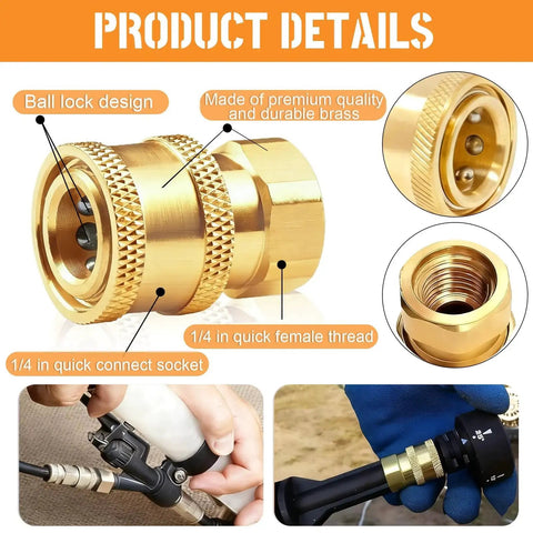 Product details of Brass Pressure Washer Coupler Quick Connect to Female NPT Socket One Quarter Inch 5000 PSI Fittings Two Pack with Ball Lock Design.