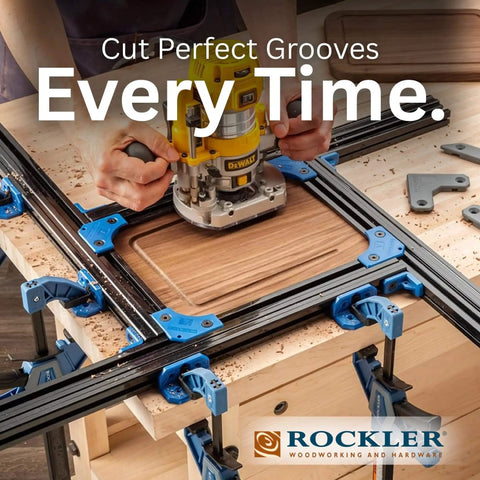 Router Jig For Cutting Boards Up To 18 By 18 Inches With Adjustable Groove And Corner Radius Guides A Pro Grade Versatile Variable Router Guide For Precise Centered Grooves And Easy To Use Smooth Routing On Any Wood Project installed on a workbench with clamps and wood piece, demonstrating use.