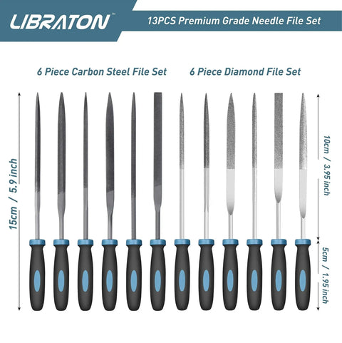 Small Diamond Needle File Set 13Pcs For Metal Wood Carving With Brush And Case, showing six carbon steel and six diamond files.