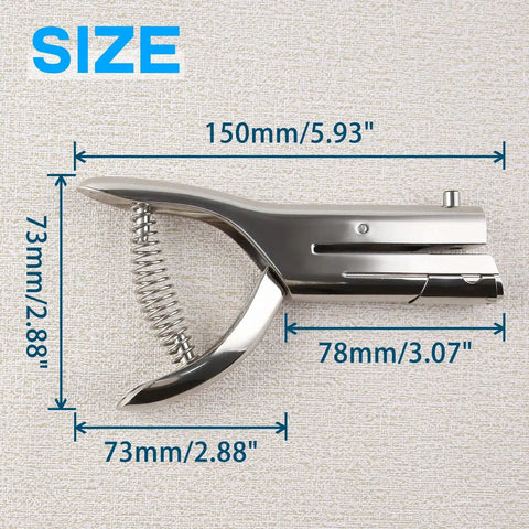 Dimensions of Heavy Duty Handheld Single Hole Punch for paper card plastic PVC and cardstock; pro grade long reach hole puncher side view.
