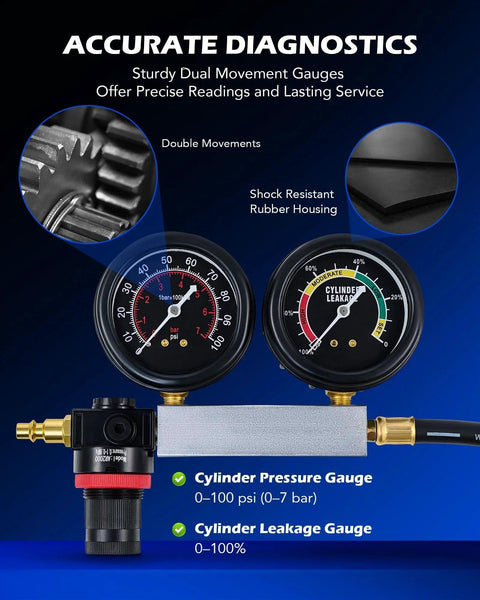 Leak Down Tester Kit For Auto Engines With Dual Gauge Readouts Complete Cylinder Leakage Diagnostic Tool For Gas Petrol Engines Spark Plug Tester Adapters And More By Orion Motor Tech showing dual gauges and connector details