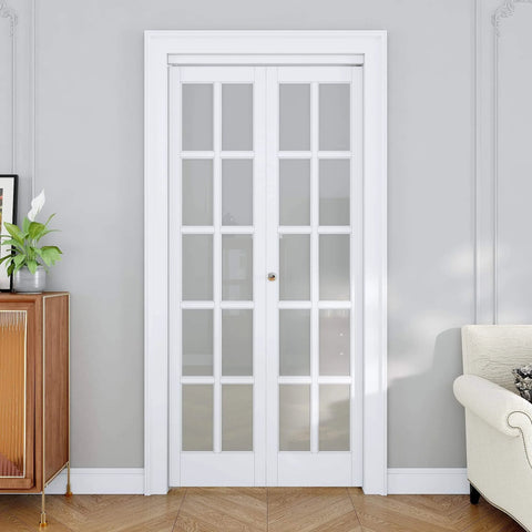 Space-Saving Bifold Doors For 36 By 80 Opening With Frosted Glass Panels And Concealed Hardware Kit French Interior Folding Closet Doors For Pantry Laundry Bedroom And Bathroom No-Fuss Install