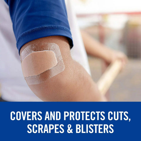 Person wearing Waterproof Clear Bandage on elbow, showing 360 Degree Seal in outdoor environment; protects in wet conditions.