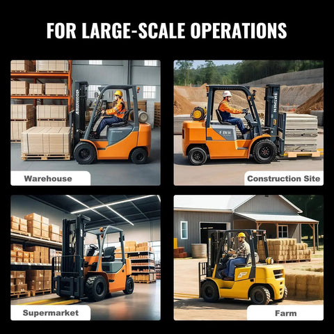 Forklifts equipped with 96 Inch Fork Extensions Six And Half Inch Wide Heavy Duty Pallet Fork Extenders in different settings