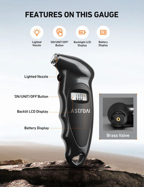 Digital Tire Pressure Gauge With Backlit LCD, Non Slip Grip, And Replaceable AAA Batteries For Cars Trucks And Bikes, 0-150 PSI Four Units Bar KPa KgF Cm2 Presta Valve Adapter Included, featuring lighted nozzle and LCD display.
