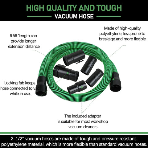 Replacement Vacuum Hose Kit Two And One Half Inch By Seven Feet Dual Flex Locking Shop Vac Hose With Six Fittings For Wet Dry Vacuum Cleaners Fits Most Vacuums Easy Connect No Fuss Heavy Duty Flexible, shown coiled with fittings on display.