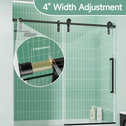 Frameless Bathtub Sliding Shower Door With Barn-Style Exposed Roller System, 56-60 Inch Width And 60 Inch Height, in matte black