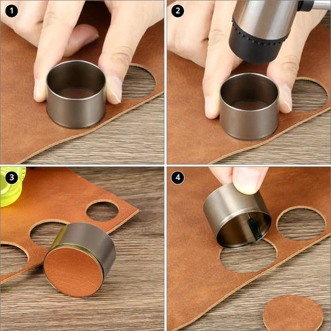 9 Piece Leather Circle Cutter Set 15 To 55 mm Pro Grade Hollow Hole Punch Kit in use on leather material