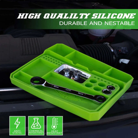 Viper 2 Piece Flexible Silicone Tool Organizer Tray Set Lime Green With Magnetic Small Parts Tray on car engine