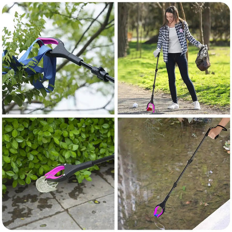 Collage of 36 Inch Foldable Grabber Reacher Tool With 360 Degree Rotating Jaw And Two Magnets in use for picking up items outdoors.