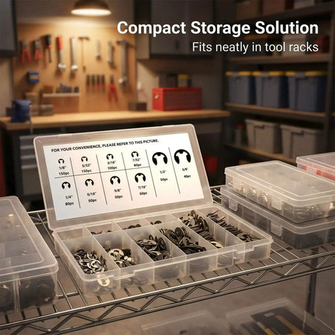 800 Piece E Clip Retaining Ring Kit With 10 Sizes In Manganese Steel Pro Grade E Rings in reusable case on storage rack