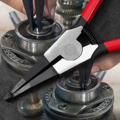 Heavy Duty Lock Ring Pliers Set 2 Piece Flat Snap Ring Pliers in use on transmission gear bearing shaft
