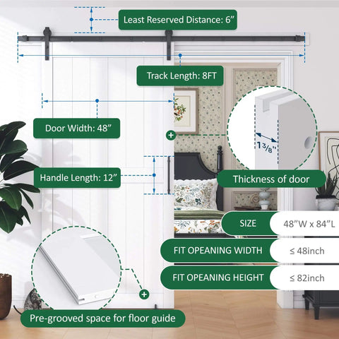 White Sliding Barn Door With 8 Foot Hardware Kit For Easy Assembly No Fuss Setup 48 By 84 Inches Waterproof PVC Surface Pre Drilled Holes Floor Guide And Handle Included H Frame Construction with size details