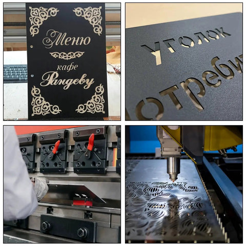 Collage showing applications of Three Pack Black Anodized 5052 Aluminum Sheets 12 By 8 By One Thirty Second Inch for various engravings and fabrications.