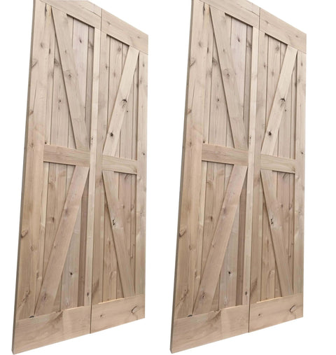 Double 38 By 84 Inches Unfinished Alder Wood Bifold Barn Doors With Low Clearance Box Rail Sliding Hardware Set For Easy No Fuss Installation And Smooth Operation front view
