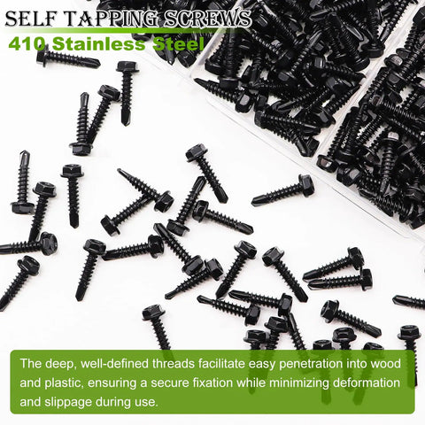 Self Tapping Screws Kit 300 Pieces In 410 Stainless Steel Black Zinc Hex Washer Head Sheet Metal Screws scattered from box