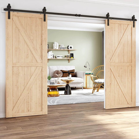 12 Foot Heavy Duty Sliding Barn Door Hardware Kit For Double Doors With Slick Quiet Glide Easy To Install And Reusable Fits Doors One And Three Eighths Inches Thick To One And Three Quarters Inches Thick Thirty Six Inches Wide Black I Shape installed on light wood doors in living room