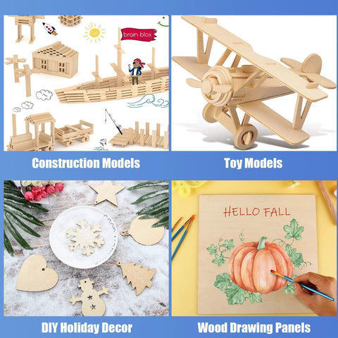 Collage of 16 Pack Basswood Plywood Sheets used in construction models, toy models, DIY holiday decor, and wood drawing panels