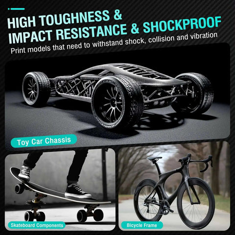 Carbon Fiber Reinforced Nylon Filament PA6-CF 1.75mm 1kg, shown in toy car chassis, skateboard components, bicycle frame applications.