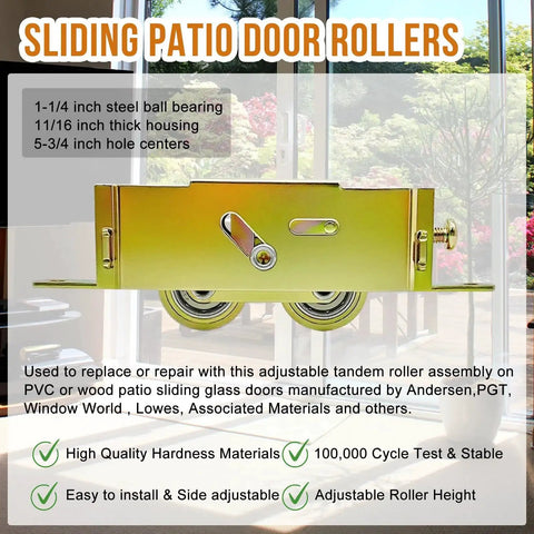 2 Pack Sliding Patio Door Tandem Roller Assembly Replacement Fits Guardian Croft VinylMax And Other Sliding Door Manufacturers 1-1/4 Inch Steel Ball Bearing End Adjustment 5-3/4 Inch Screw Hole Centers front view