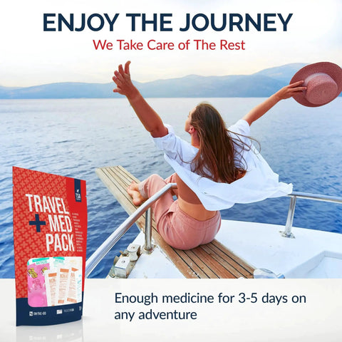Woman on boat with Grab And Go Travel Medicine Kit With 78 Piece TSA Friendly Medical Pack for flights cruises and travel.