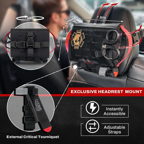 Go-To Vehicle Tactical IFAK Trauma Kit With CAT Tourniquet Quick Draw Red Tab Car First Aid Kit with MOLLE pouch on headrest