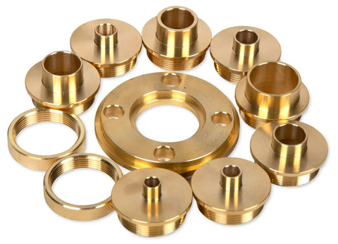 Precision Brass Router Template And Guide Bushing Set For 1-3/16 Inch Base Plate Opening, 11-Piece Kit, close-up of brass components