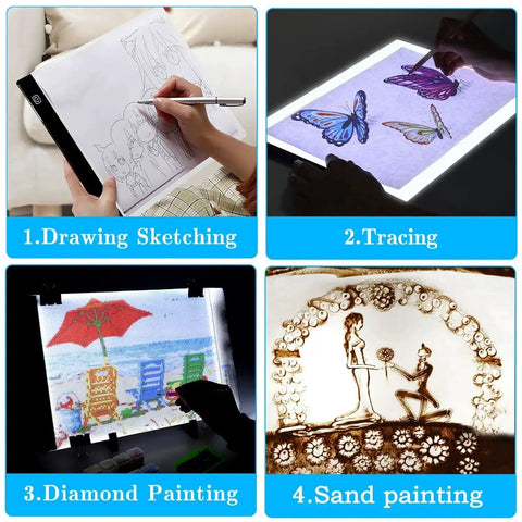 Diamond Painting Light Pad Kit A4 With LED Tracing Box And 5D Tool Set showing drawing, tracing, diamond painting, sand painting.