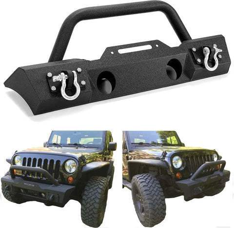 Front view of Stubby Front Bumper For Jeep Wrangler JK JL Gladiator JT With Fog Light Housing, black steel with winch plate.