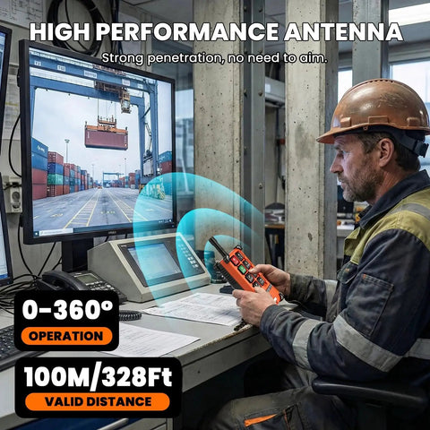 Worker using 8 Button Wireless Crane Remote Control 12V Lift Hoist Transmitter Receiver in control room with screen display.