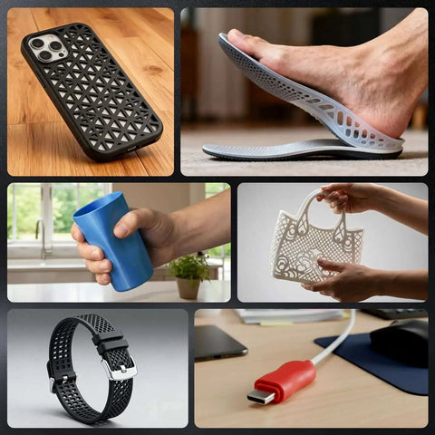 Array of 3D printed items including a phone case, insoles, cup, bag, watch strap, and adapter using Go-To Flexible 1.75mm TPU Filament For 3D Printing Dope Soft Yet Tough 95A Pro Grade 1Kg Spool Dimensional Accuracy Within 0.03mm Fits Most FDM Printers Two Pack Black.