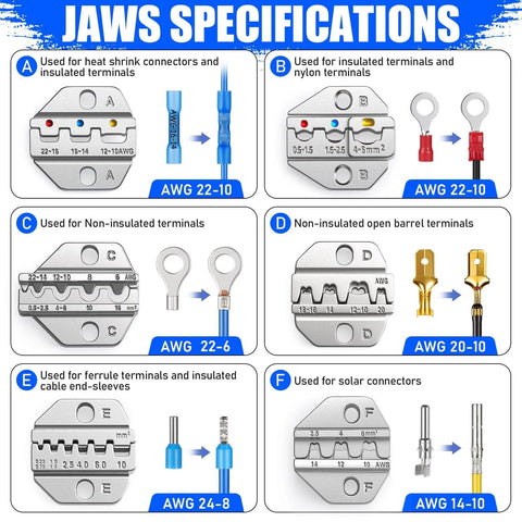 Six Piece Ratchet Crimp Tool Kit With Interchangeable Dies For Heat Shrink Insulated Nylon And Non Insulated Wires Wire Ferrules Open Barrel Terminals And Solar Connectors Pro Grade Durable Tooling Jaws Specifications