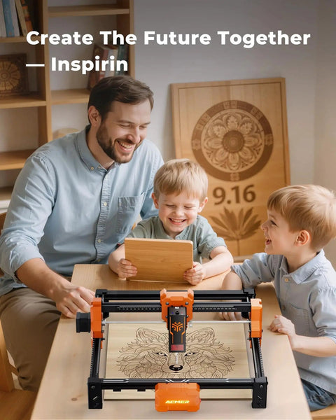 Family using 12W Laser Engraver ACMER S2 With 300x300mm Work Area, 0.01mm Precision, And 10000mm Per Minute Speed For education.